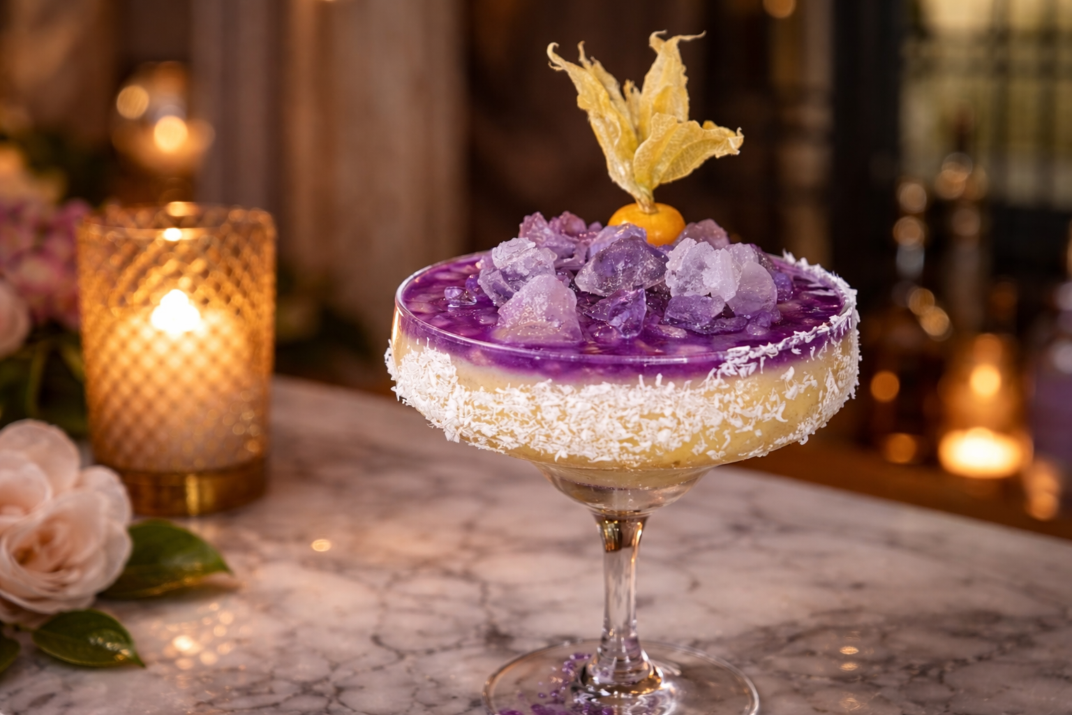 Un cóctel servido en una copa con tallo, coronado con hielo morado y una fruta de physalis dorada, con el borde escarchado con coco, sobre una mesa de mármol.