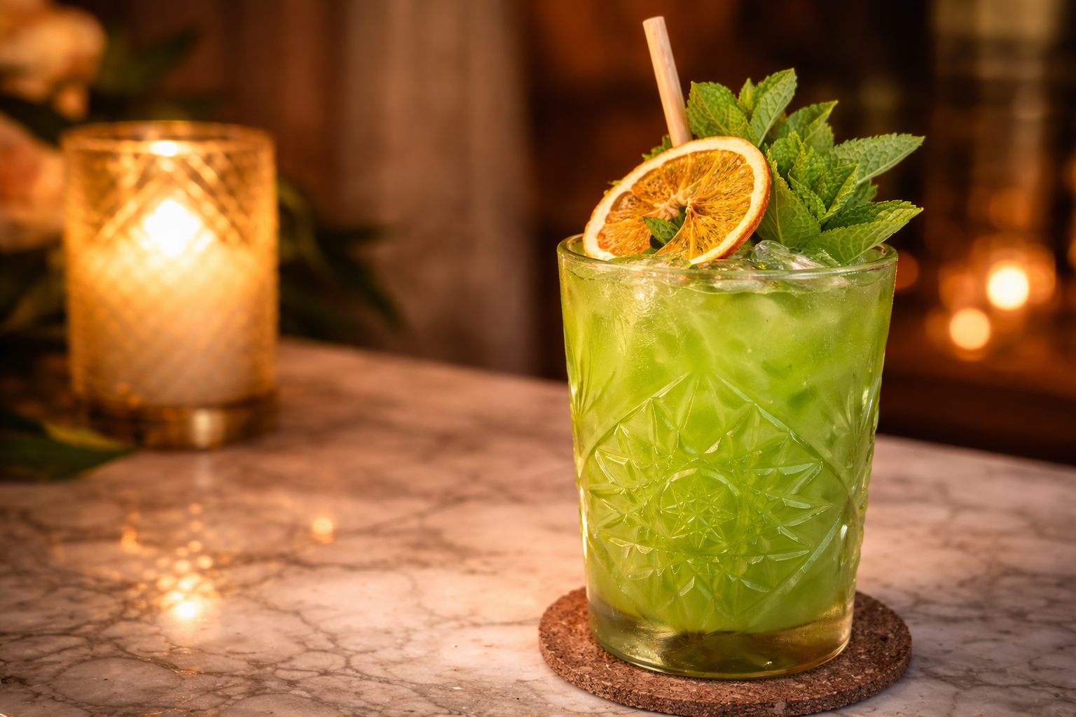 Un cóctel de color verde brillante en un vaso texturizado, adornado con menta y una rodaja de cítricos, sobre una mesa de mármol cerca de una vela.