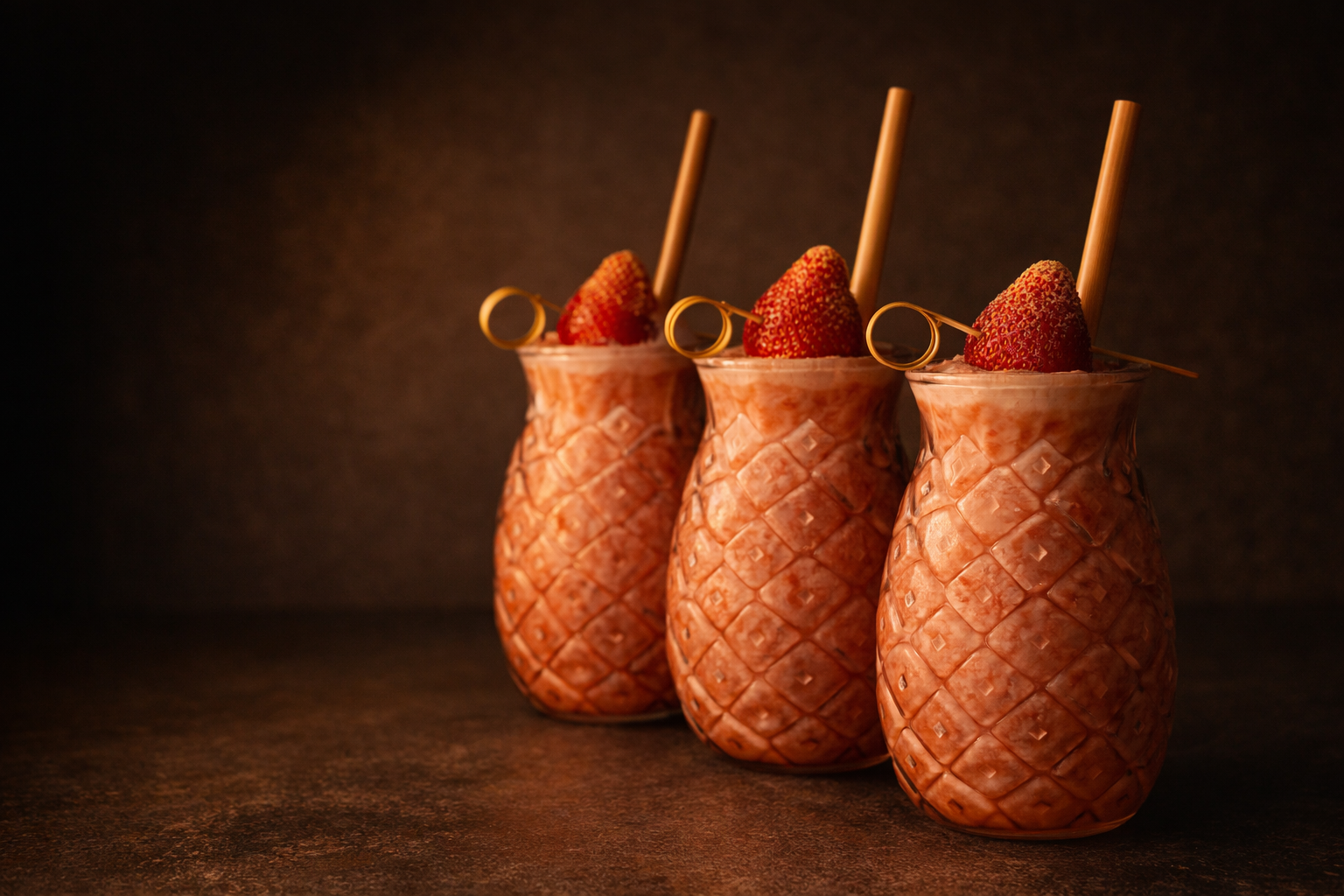 Tres batidos de fresa servidos en vasos con textura de piña, con pajitas y adornos de fresa sobre una superficie oscura.