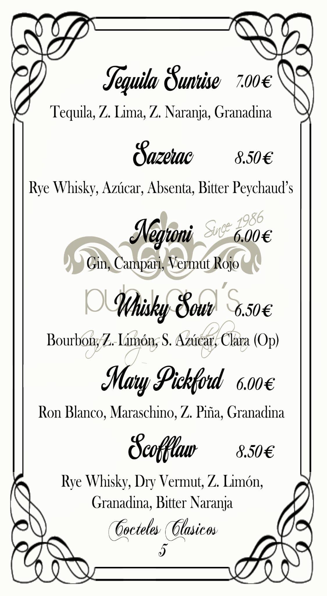 Una carta decorativa que enumera varios cócteles con sus ingredientes y precios.