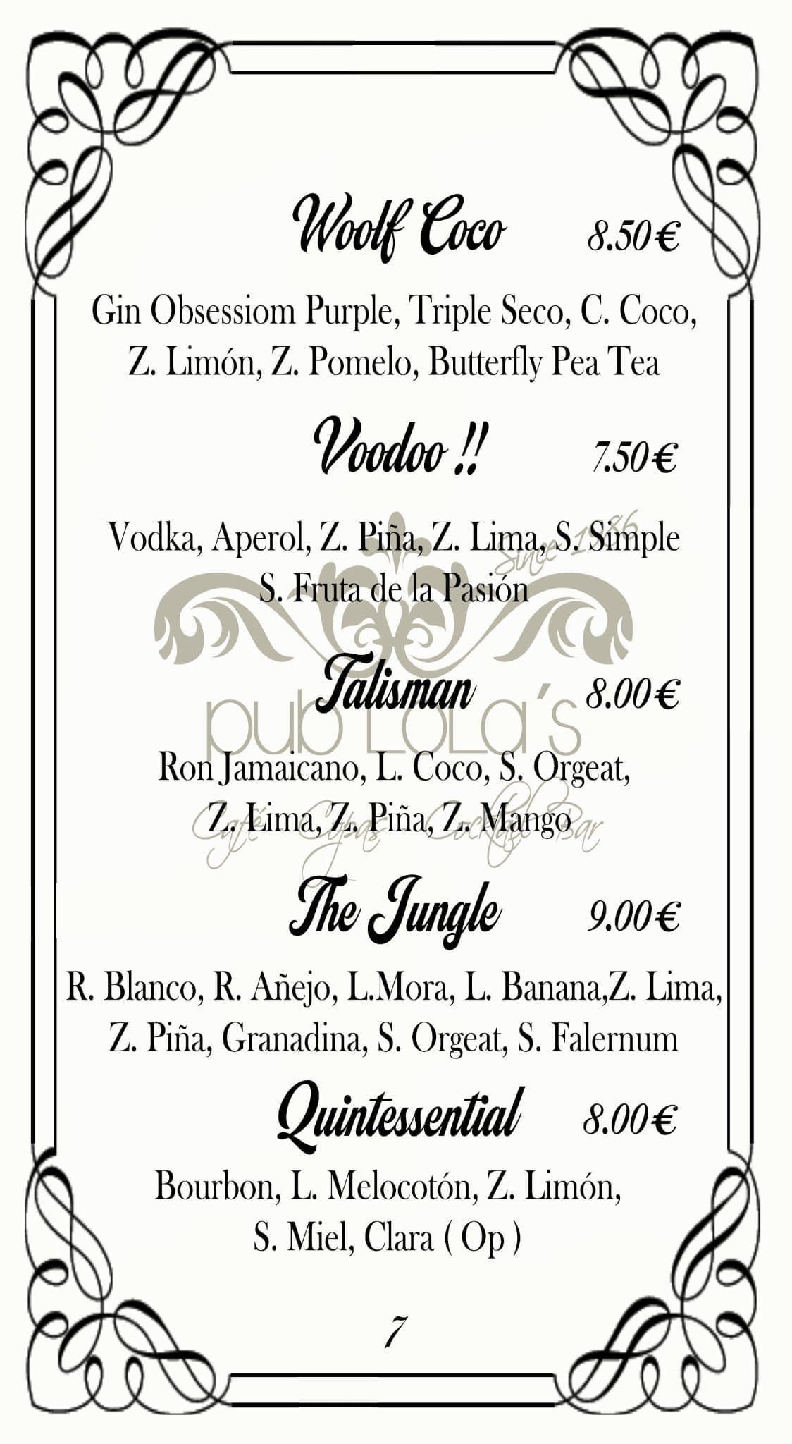 Una lista de cinco cócteles con sus ingredientes y precios, mostrada en una tarjeta de menú con un borde decorativo negro.