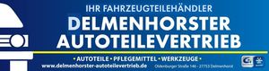 Blue logo for Delmenhorster Autoteilevertrieb, an auto parts retailer in Delmenhorst, with business details and address.