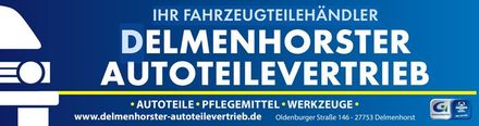 A blue and white logo for delmenhorster autoteilevertrieb