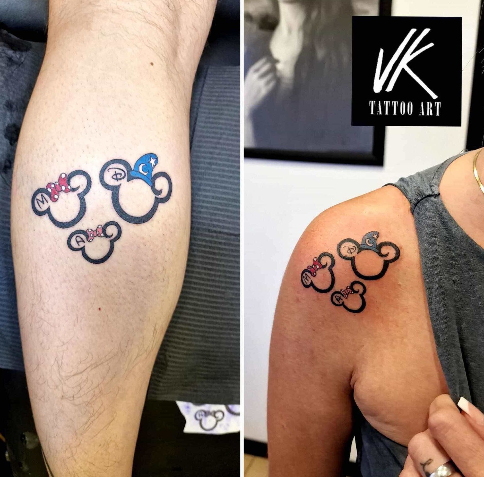 Una mujer tiene un tatuaje de Mickey Mouse y Minnie Mouse en la pierna y el hombro.