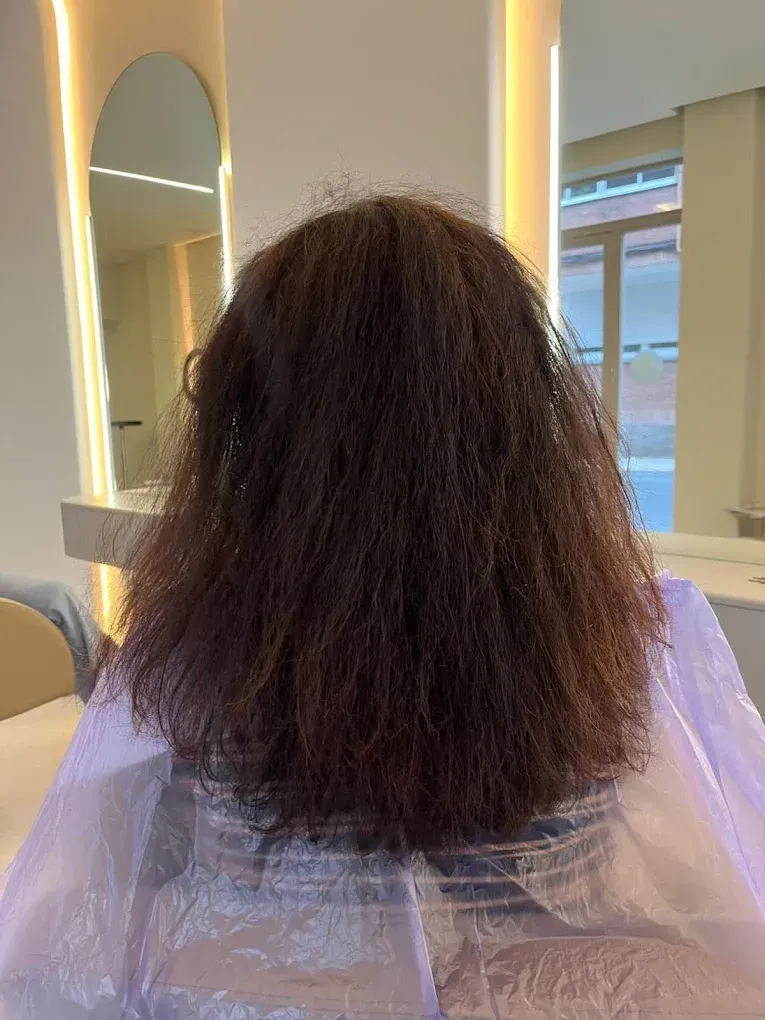 Persona con cabello oscuro y encrespado que usa una capa de salón, vista desde atrás en un espacio muy iluminado.