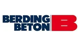 Logo für Berding Beton, ein Betonunternehmen, mit dem Schriftzug „BERDING BETON“ in Dunkelblau und einem roten „B“ auf der rechten Seite.