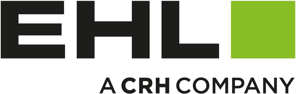 EHL-Logo mit schwarzer Schrift und grünem Quadrat. Darunter steht „A CRH COMPANY“.