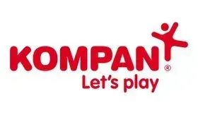 KOMPAN-Logo: Roter Text und Figur. „KOMPAN“ mit einer springenden Kinderfigur. Darunter „Let's play“.