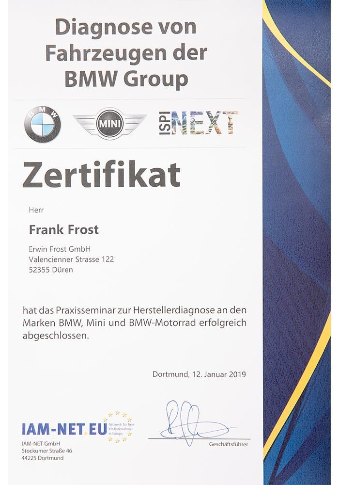 Ein Zertifikat für Frank Frost von der BMW Group