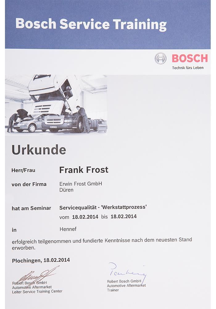 Ein Bosch Service-Schulungszertifikat für Frank Frost