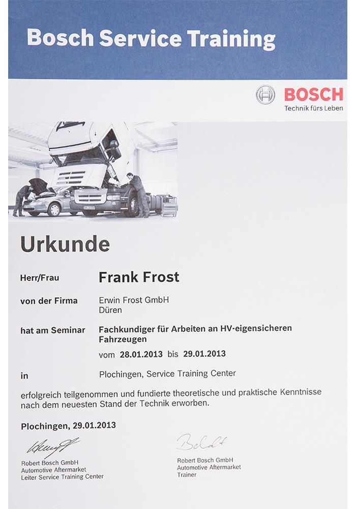 Ein Bosch Service-Schulungszertifikat für Frank Frost