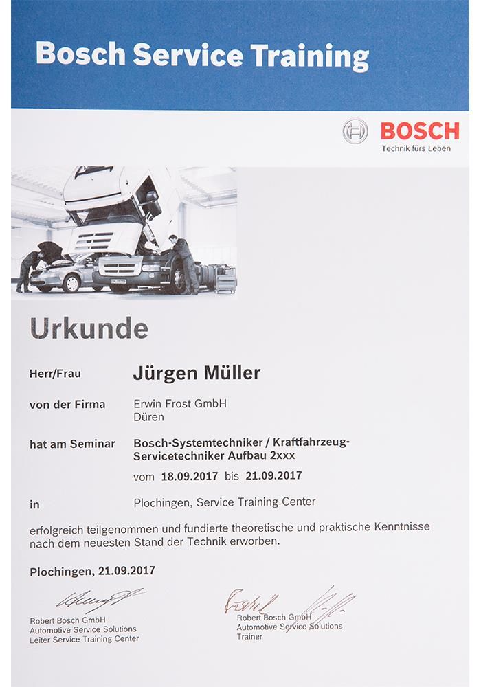 Ein Bosch Service-Schulungszertifikat mit einem LKW darauf