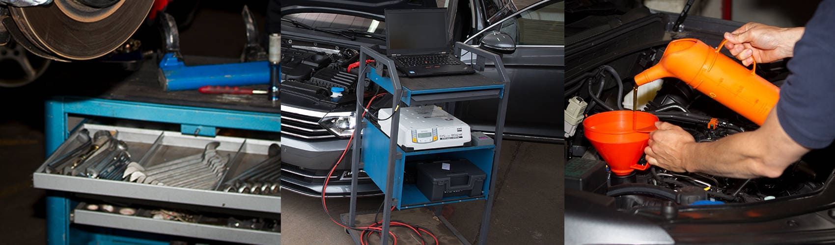 Ein Diagnosewagen steht in einer Garage an einem Automotor