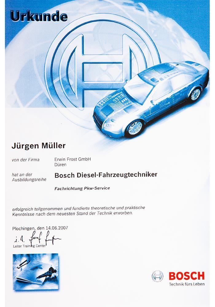 Ein Bosch Zertifikat mit einem blauen Auto darauf