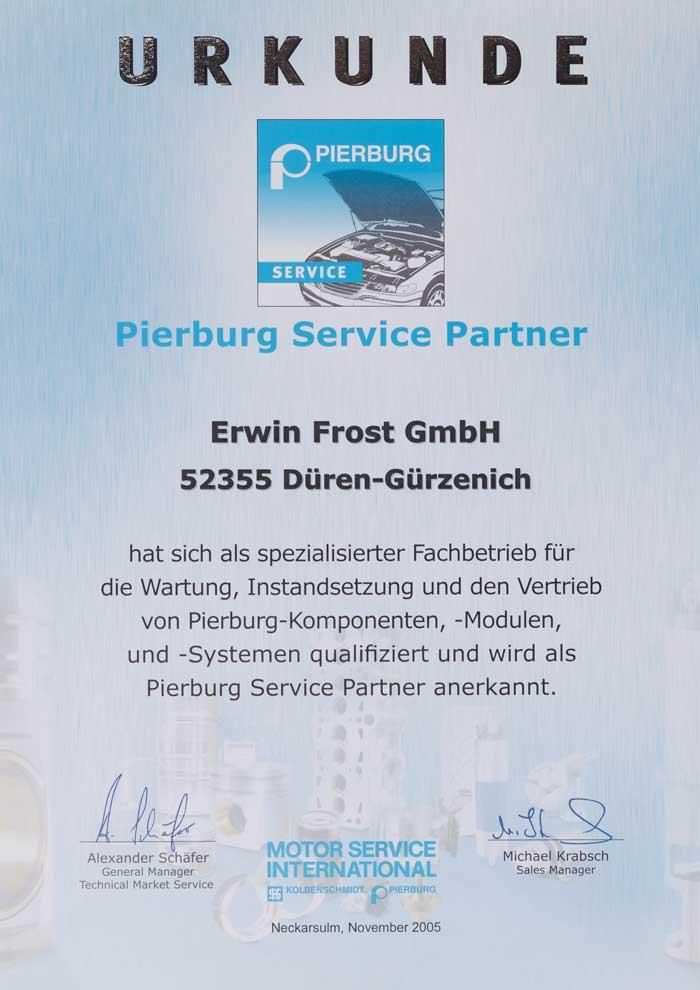 Ein Zertifikat mit der Aufschrift „Urkunde Pierburg Service Partner“