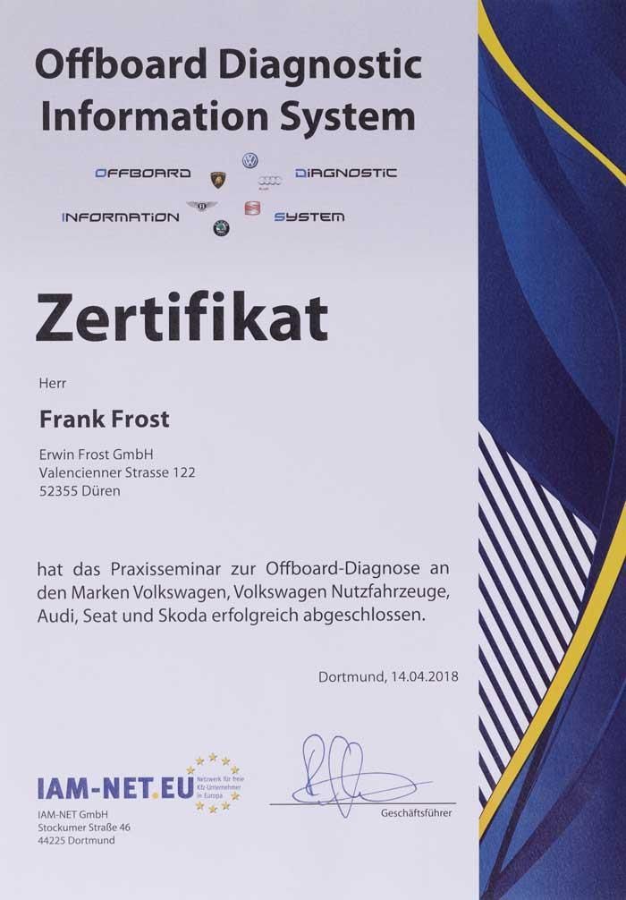 Ein Zertifikat mit der Aufschrift „Offboard Diagnostic Information System“