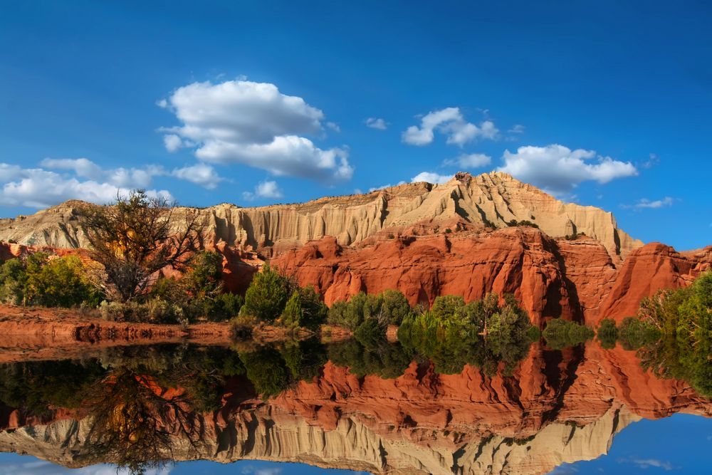 Red sandstone cliffs and clouds reflected in a calm desert lake under a bright blue sky