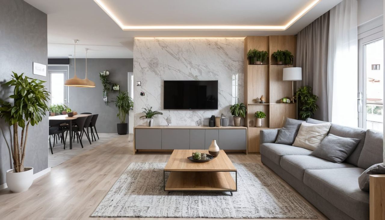 Una sala de estar con un sofá y un televisor en la pared.