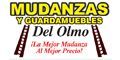 Logotipo de "Mudanzas y Guardamuebles del Olmo". Incluye escaleras y texto en amarillo y rojo.