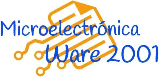Logotipo: &ldquo;Microelectr&oacute;nica Ware 2001&rdquo; en cursiva azul con gr&aacute;fico de circuito naranja sobre fondo blanco.