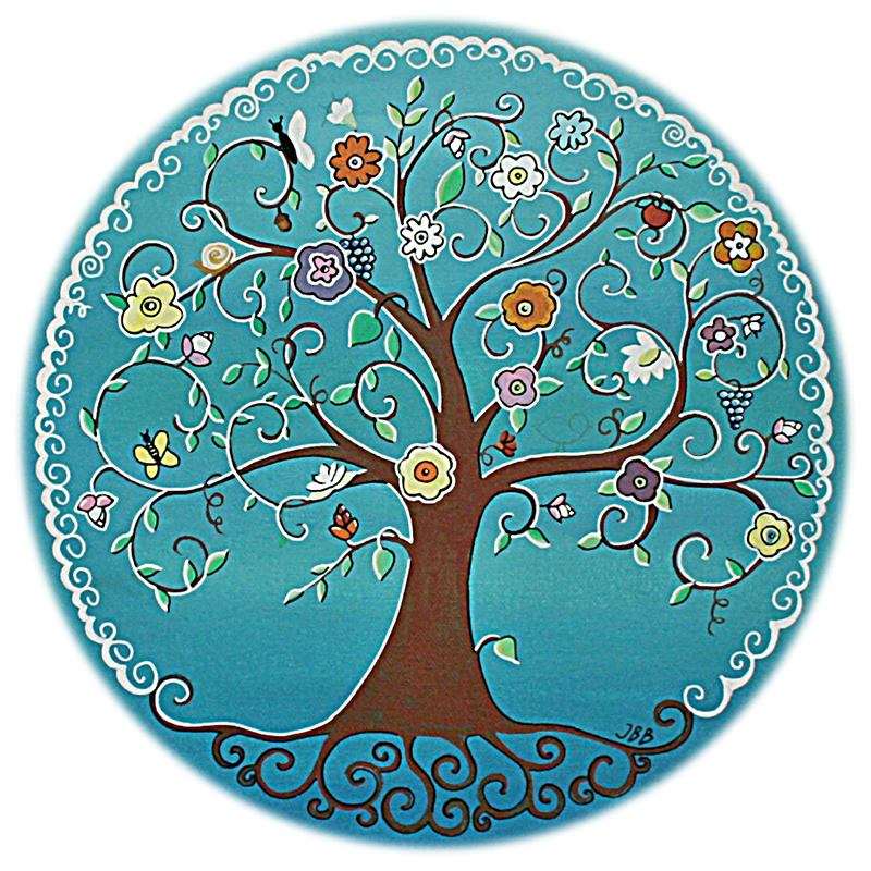 Arbre décoratif bleu sarcelle aux branches et fleurs tourbillonnantes, disposé en cercle orné.
