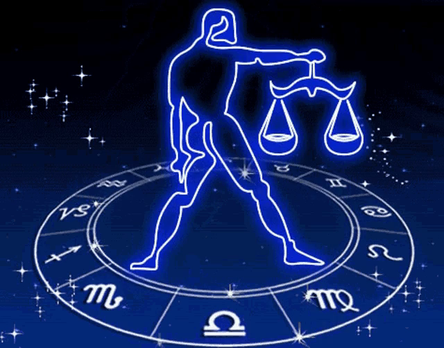 Symbole bleu néon de la Balance avec ses plateaux, sur une roue astrologique étoilée