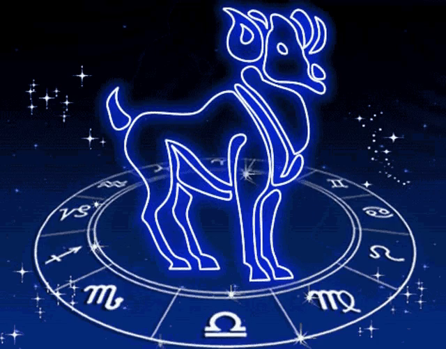 Bélier bleu néon façon zodiaque au-dessus d’une roue astrologique lumineuse sur un fond sombre étoilé