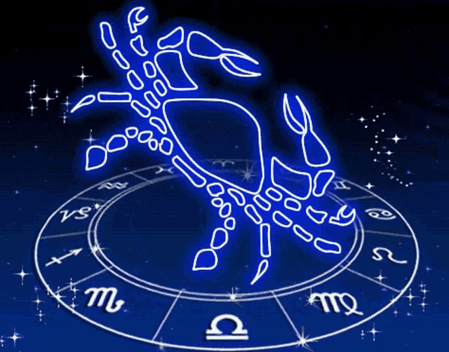 Symbole lumineux bleu du Scorpion sur une roue astrologique circulaire, sur fond bleu foncé