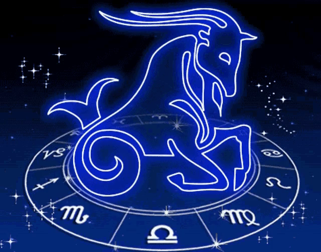 Symbole lumineux bleu du Capricorne sur fond de roue astrologique étoilée