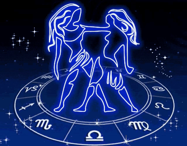 Symbole bleu néon des jumeaux Gémeaux au-dessus d’une roue du zodiaque sur fond sombre