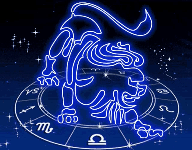 Silhouette de lion en néon bleu lumineux sur une roue du zodiaque, avec un fond sombre étoilé