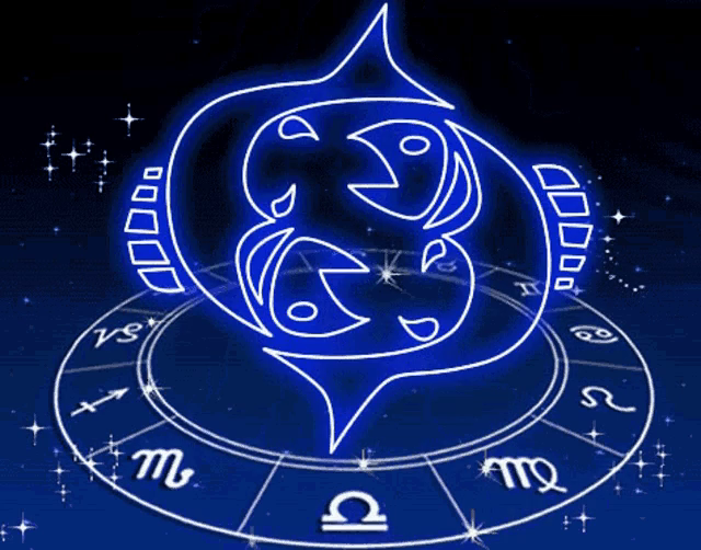 Symbole lumineux bleu du signe astrologique des Poissons sur un thème astral circulaire parsemé d’étoiles