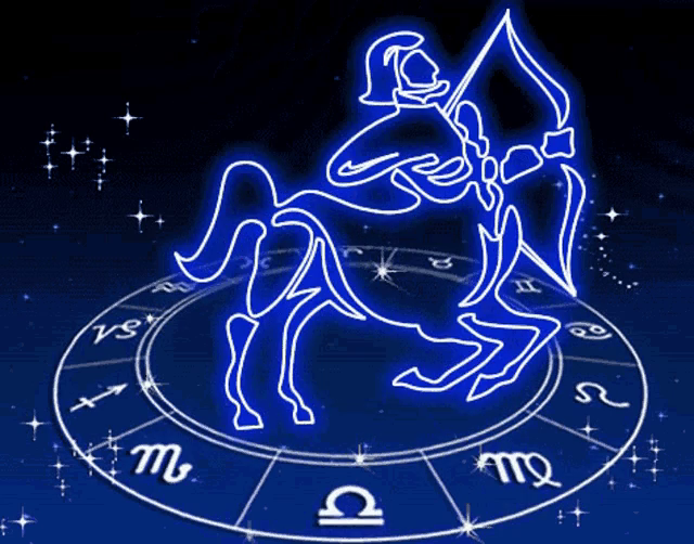 Icône lumineuse bleue de l’archer du Sagittaire sur une roue du zodiaque, sur fond sombre