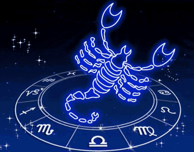 Scorpion bleu lumineux au-dessus d’une roue du zodiaque sur un fond sombre et étoilé