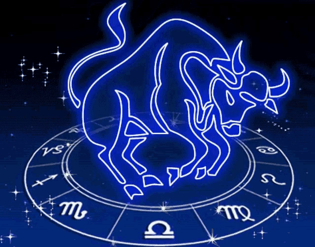 Taureau bleu lumineux au-dessus de symboles du zodiaque sur un fond sombre étoilé