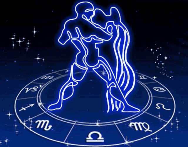 Symbole du zodiaque de la Vierge en bleu néon, avec deux silhouettes dessinées en contour sur une roue astrologique sombre