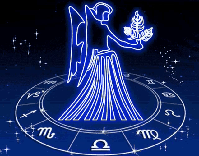 Symbole du zodiaque de la Vierge bleu néon, orné d’étoiles sur fond sombre, tenant un rameau d’olivier au-dessus d’une roue zodiacale