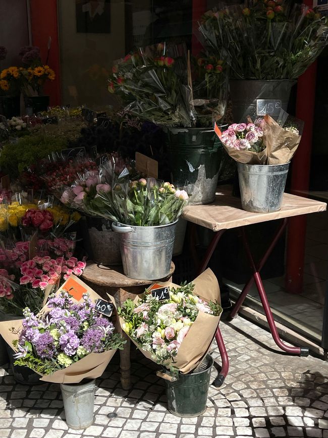 Des seaux de fleurs colorées sont disposés sur une rue pavée devant un magasin.