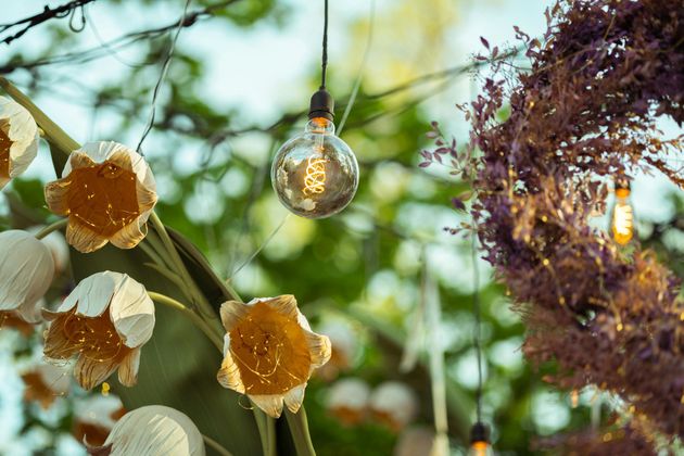 Des bulbes de verre suspendus parmi des fleurs blanches et un feuillage pourpre dans un jardin ensoleillé
