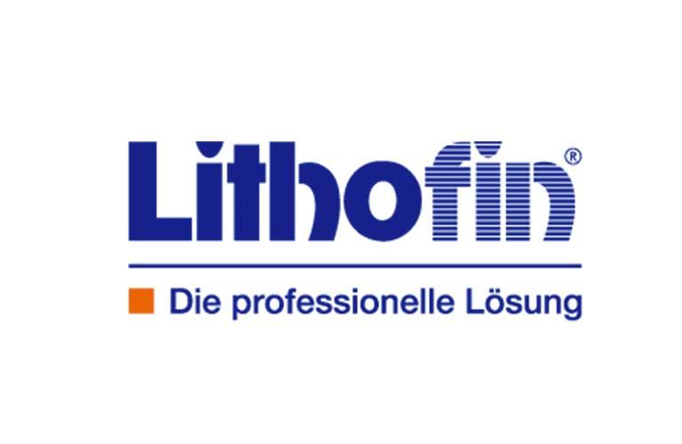 A blue and white logo for lithofin die professionelle lösung