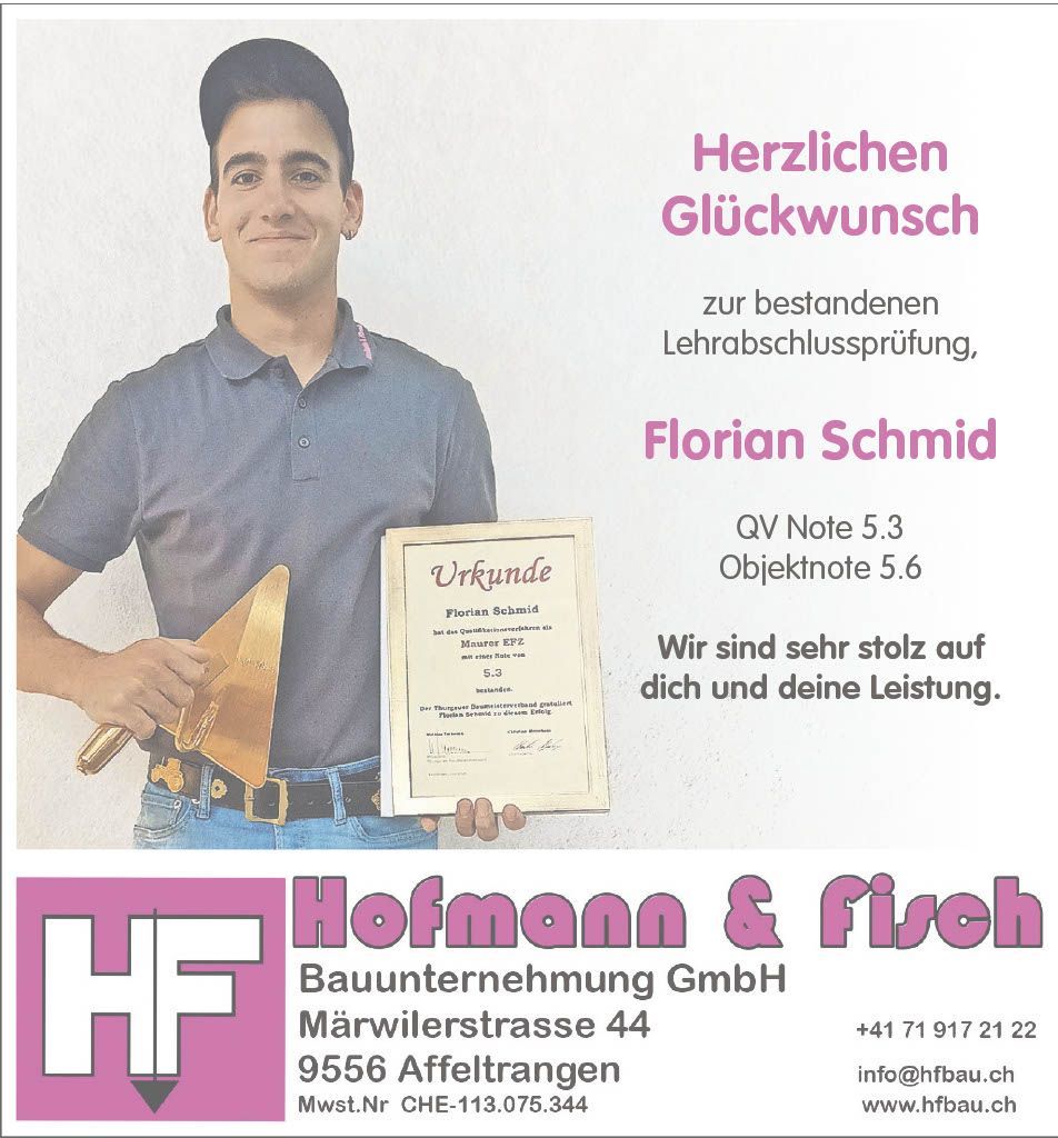 German congratulatory poster for Florian Schmid holding a certificate at Hofmann & Fisch, Bauunternehmen GmbH