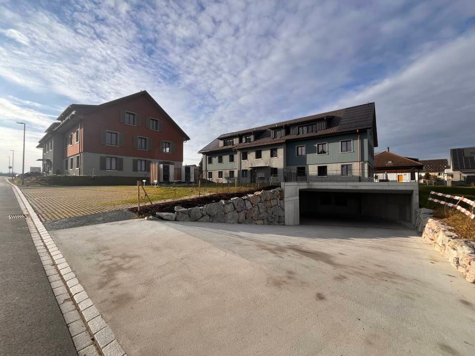 Moderne Häuser neben einer abfallenden Auffahrt und einer Tiefgarage an einem bewölkten Tag