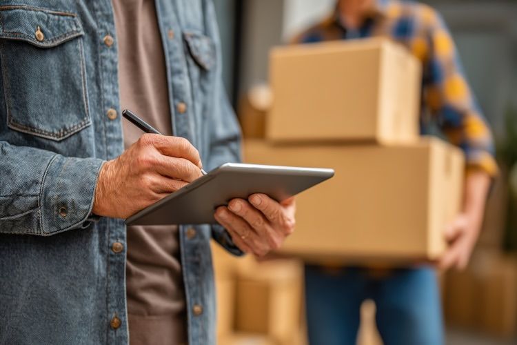 Ein Mann schreibt Notizen auf einem Tablet während eines Seniorenumzuges in Hildessheim.