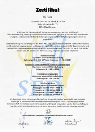Zertifikat Genossenschaft für Brandschutzelemente aus Holz und Glas eG
