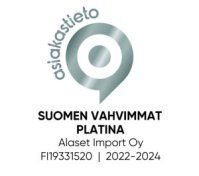 Asiakastieto badge with text “Suomen vahvimmat platina,” Alaset Import Oy, FI19331520, 2022–2024