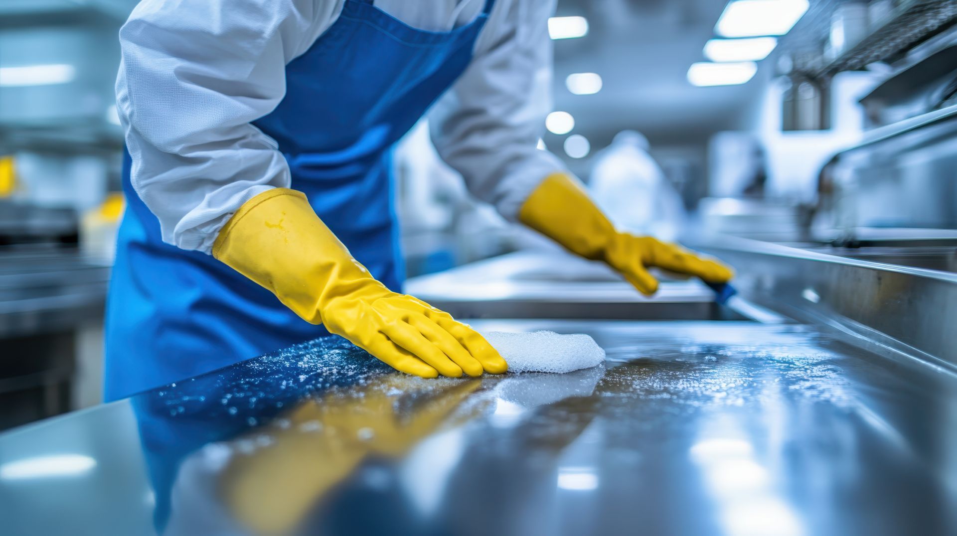 Mains gantées nettoyant un plan de travail en inox dans la cuisine d'un restaurant
