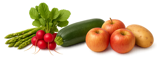 Gemüse und Obst auf weißem Hintergrund, darunter Spargel, Radieschen, Zucchini, Äpfel und eine Kartoffel.