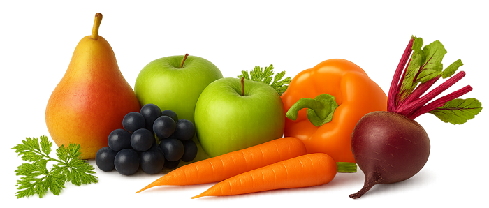 Eine Sammlung bunter Früchte und Gemüse, darunter Birnen, Äpfel, Trauben, Karotten, Paprika und Rote Bete.