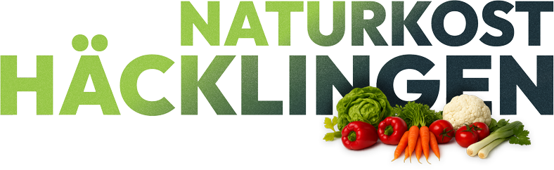 Logo für Naturkost Häcklingen, grüner und dunkelblauer Text mit Gemüse unten.