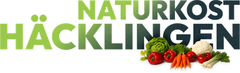 Logo für Naturkost Häcklingen, grüner und dunkelblauer Text mit Gemüse unten.